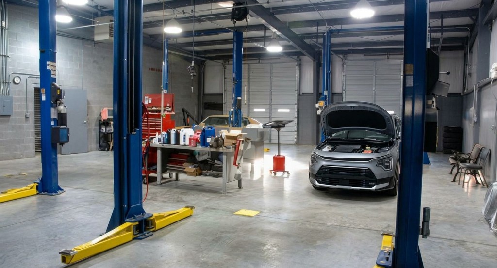 Automotive workshop with vehicle ready for spare parts and repair