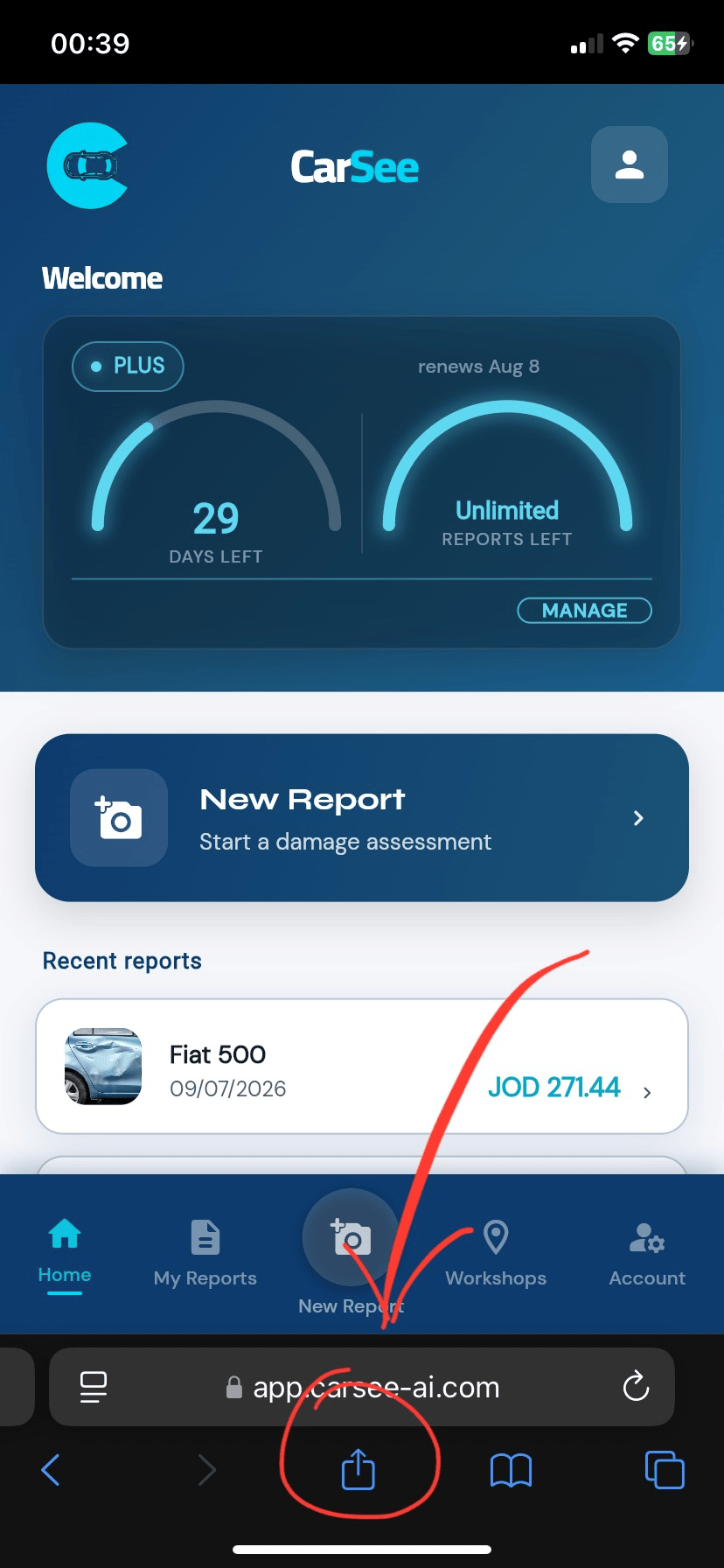 CarSee in Safari on iPhone — tap the Share button at the bottom