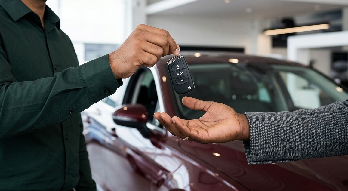 Car keys being handed over at a dealership